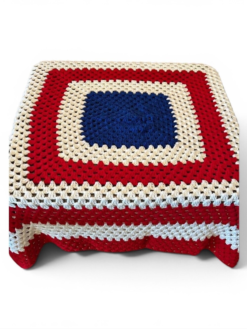 Handmade Crochet Patriotic Afghan Blanket Square Red White Blue 52 X 52